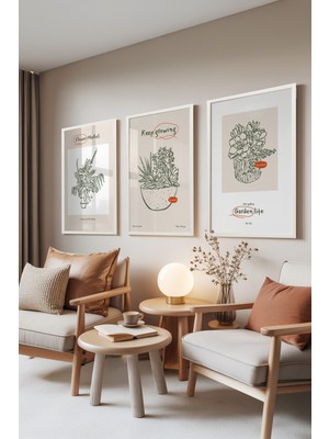 Zestia Beyaz Çerçeveli 3’lü Tablo Seti, Botanik Çizimler – Yeşil Tonlar, Salon Set No: 30006