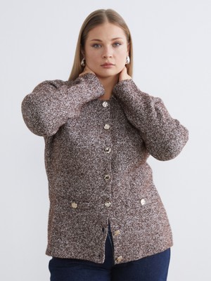 Soulife Büyük Beden Polo Yaka Desenli Kadın Triko Hırka