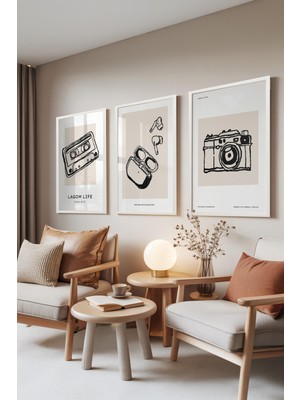Zestia Beyaz Çerçeveli 3’lü Tablo Seti, Kaset, Kulaklık ve Fotoğraf Makinesi Çizimleri, Ofis Set No: 30037