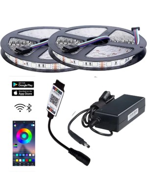 Powerr Led Aydınlatma 10 Metre 12V 60 Ledli Rgb Iç Mekan Şerit LED 5A Plastik Adaptör Bluetoothlu Telefondan LED Kontrol Üniteli Set