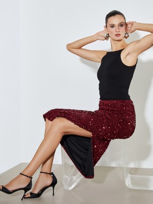 Soulife Dar Fit Pul Payetli Yırtmaçlı Etek