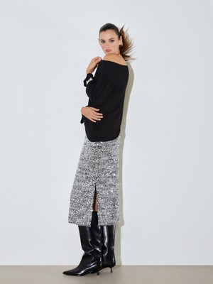 Soulife Dar Fit Pul Payetli Yırtmaçlı Etek