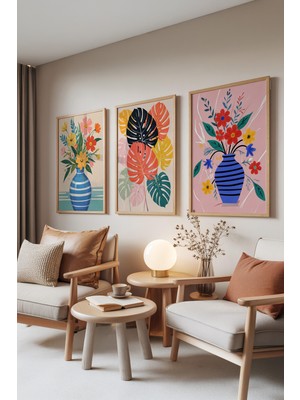Zestia Ahşap Çerçeveli 3’lü Tablo Seti, Renkli Vazo Çiçekleri – Tropikal Tarz, Salon Set No: 30008