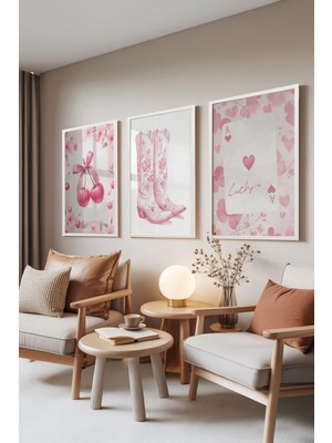 Zestia Beyaz Çerçeveli 3’lü Tablo Seti, Lucky Cherry – Pembe Country Tarz, Genç Odası Set No: 30103