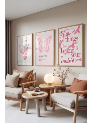 Zestia Ahşap Çerçeveli 3’lü Tablo Seti, Dreamy Pink – Motivasyon & Kelebek, Genç Odası Set No: 30081