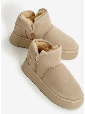 Tonny Black Kadın Bej Kalın Poli Taban Süet Görünümlü Içi Kürklü Günlük Kısa Bot