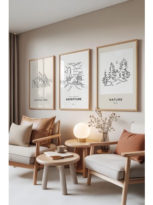 Zestia Ahşap Çerçeveli 3’lü Tablo Seti, Dağ, Kamp ve Doğa Çizim – Macera Serisi, Oturma Odası Set No: 30028