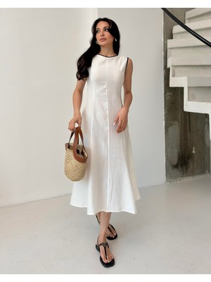 Serica Moda Ekru Bisiklet Yaka Midi Kolsuz Midi Elbise
