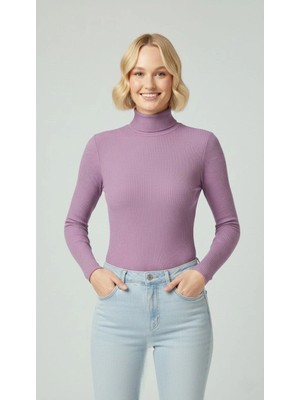 Kadın Tam Boğazlı Fitilli Likrali Kaşkorse Badi Ince Uzun Kollu Kazak - Mor