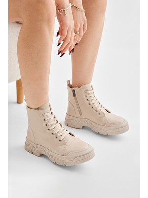 Tonny Black Kadın Bej Kalın Termo Taban Bağcıklı ve Fermuarlı Günlük Bot