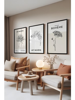 Zestia Siyah Çerçeveli 3’lü Tablo Seti, Palmiye ve Orkide Çizimleri – Bohem Stil, Yatak Odası Set No: 30029