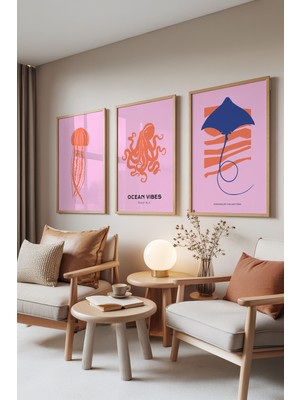 Zestia Ahşap Çerçeveli 3’lü Tablo Seti, Deniz Canlıları – Denizanası, Ahtapot ve Vatoz, Salon Set No: 30050