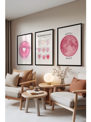 Zestia Siyah Çerçeveli 3’lü Tablo Seti, Aşkın Evrimi ve Ay – Pembe Tonlar, Yatak Odası Set No: 30003