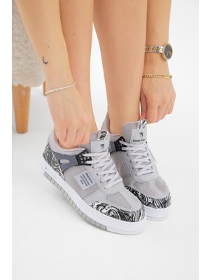 Tonny Black Unisex Gri Siyah Termo Taban Desenli Fileli Bağcıklı Spor Ayakkabı