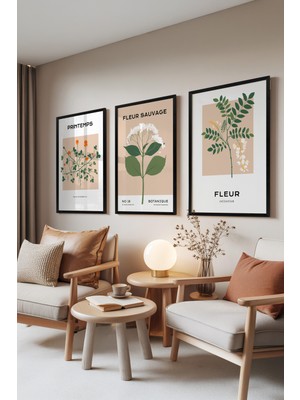 Zestia Siyah Çerçeveli 3’lü Tablo Seti, Printemps – Bej Botanik Stil, Ofis Set No: 30069