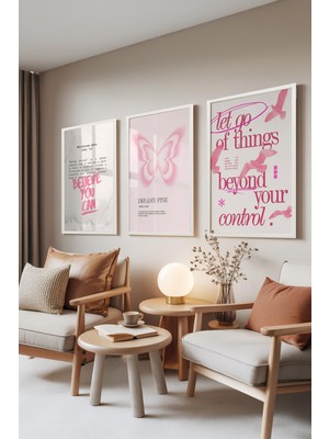 Zestia Beyaz Çerçeveli 3’lü Tablo Seti, Dreamy Pink – Motivasyon & Kelebek, Genç Odası Set No: 30081