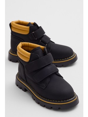 Tonny Black Çocuk Unisex Siyah Sarı Kalın Termo Taban Sıcak Astarlı Çift Cırtlı Bot