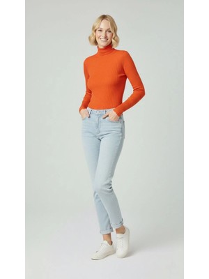 Kadın Tam Boğazlı Fitilli Likrali Kaşkorse Badi Ince Uzun Kollu Kazak - Turuncu