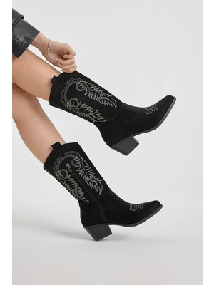 Tonny Black Kadın Siyah Süet Termo Taban Nakış Işlemeli Fermuarlı Topuklu Western Kovboy Bot
