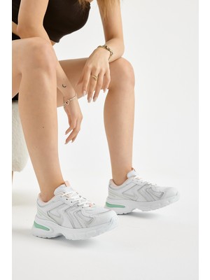 Tonny Black Kadın Beyaz Su Yeşili Kalın Hafif Faylon Taban File Detaylı Bağcıklı Spor Ayakkabı