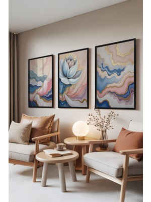 Zestia Siyah Çerçeveli 3’lü Tablo Seti, Mavi Lotus Çiçeği ve Renkli Dalga, Yatak Odası Set No: 30013