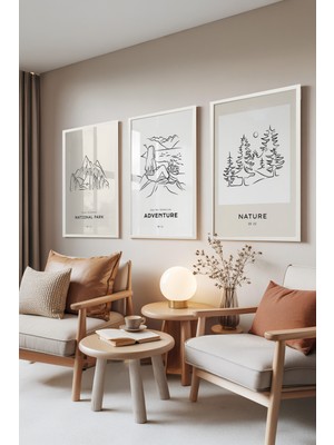 Zestia Beyaz Çerçeveli 3’lü Tablo Seti, Dağ, Kamp ve Doğa Çizim – Macera Serisi, Oturma Odası Set No: 30028