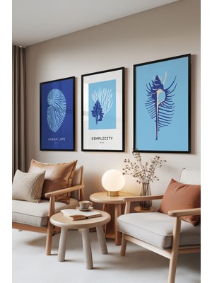 Zestia Siyah Çerçeveli 3’lü Tablo Seti, Okyanus Mavisi Kabuklar ve Mercanlar, Salon Set No: 30051