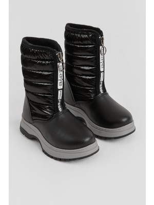 Tonny Black Çocuk Unisex Siyah Kalın Termo Taban Önü Yazılı Sıcak Astarlı Fermuarlı Şişme Kar Botu
