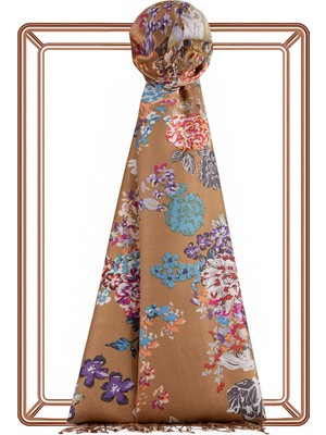 İpekevi Sütlü Kahve Yalı Bahçesi Desenli Ipek Şal