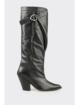 Elle Siyah Deri Kadın Western Çizme