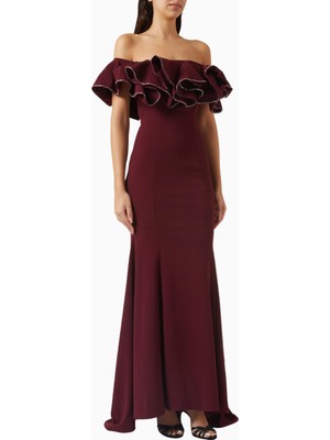 Ac By Aanchal Chanda Koyu Mor Volanlı Off-Shoulder Maxi Kadın Elbise