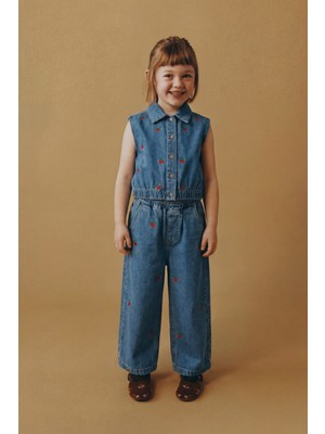 Magu Kız Çocuk Pamuklu Mavi Kiraz Nakışlı Denim Takım - Kolsuz Gömlek Yaka & Geniş Paça Pantolon