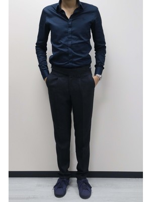 Daniel Voi Koyu Lacivert Italyan Kesim Yan Düğmeli Pileli Şık Kumaş Pantolon