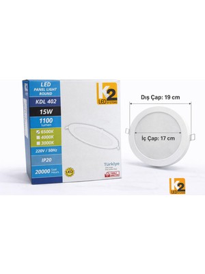 K2 LED Systems Kdl 402 15W Yuvarlak LED Panel  Sıva Altı (Beyaz Işık 6500K)