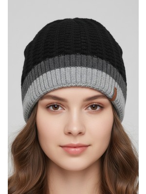 Balkonda Klasik Basic Bere Triko Astarlı Soğuktan Koruyucu Soft Dokuma Unisex Siyah ve Gri