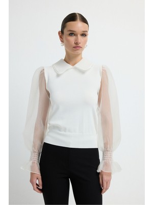 adL Bebe Yaka Transparan Detaylı Triko Bluz Siyah 11544612000