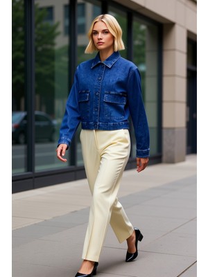 Benerly Kadın Gömlek Yaka Düşük Kol Uzun Kollu Basic Kalıp Denim Ceket Fonksiyonel Dayanıklı Rahat