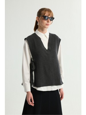 Love My Body V Yaka Yandan Bağlamalı Triko Süveter Antrasit 167L8328002