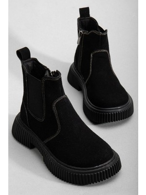 Tonny Black Çocuk Unisex Siyah Süet Kalın Tırtıklı Termo Taban Fermuarlı Lastikli Chelsea Bot