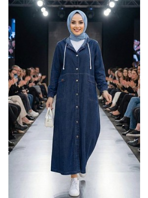 Kadın Kapüşonlu Düğmeli Cepli Koyu Kot Mavi Kap