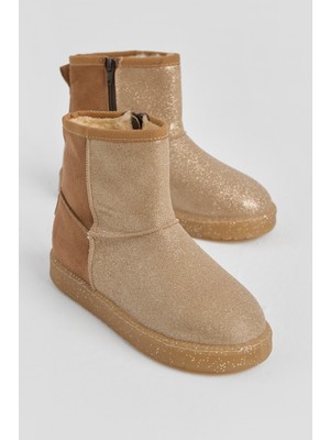 Tonny Black Kız Çocuk Taba Simli Termo Taban Kısa Bot İçi Kürklü Rahat Kullanım