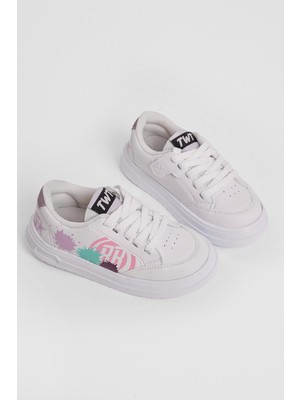 Tonny Black Çocuk Unisex Beyaz Turkuaz Eva Faylon Taban Desenli Bağcıklı ve Cırtlı Spor Ayakkabı