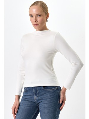 Rays Ekru Bisiklet Yaka Uzun Kollu Basic Kadın Bluz 8393A
