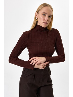 Rays Kahverengi Ajurlu Örgü Desenli Dik Yaka Kadın Bluz 2289