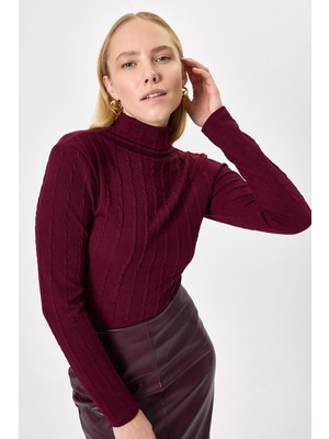 Rays Bordo Ajurlu Örgü Desenli Dik Yaka Kadın Bluz 2289