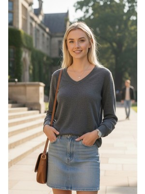 Lupinn Kadın Gri V Yaka Uzun Kollu Basic Yumuşak Dokulu Rahat Triko Kazak - Kadın Kazak