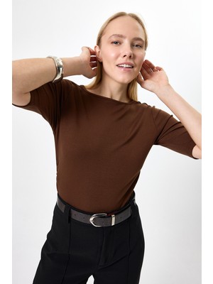 Rays Kahverengi Bisiklet Yaka Ön Büzgülü Bluz 8279A