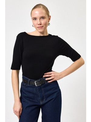 Rays Siyah Bisiklet Yaka Ön Büzgülü Bluz 8279A