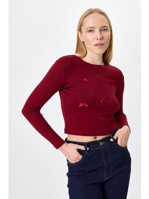 Rays Bordo Bisiklet Yaka Kurdele Aplike Detaylı Kadın Crop Body 8264A