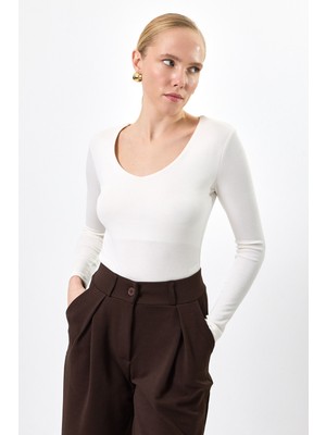 Rays Ekru Fitilli V Yaka Uzun Kollu Kadın Body 8266A